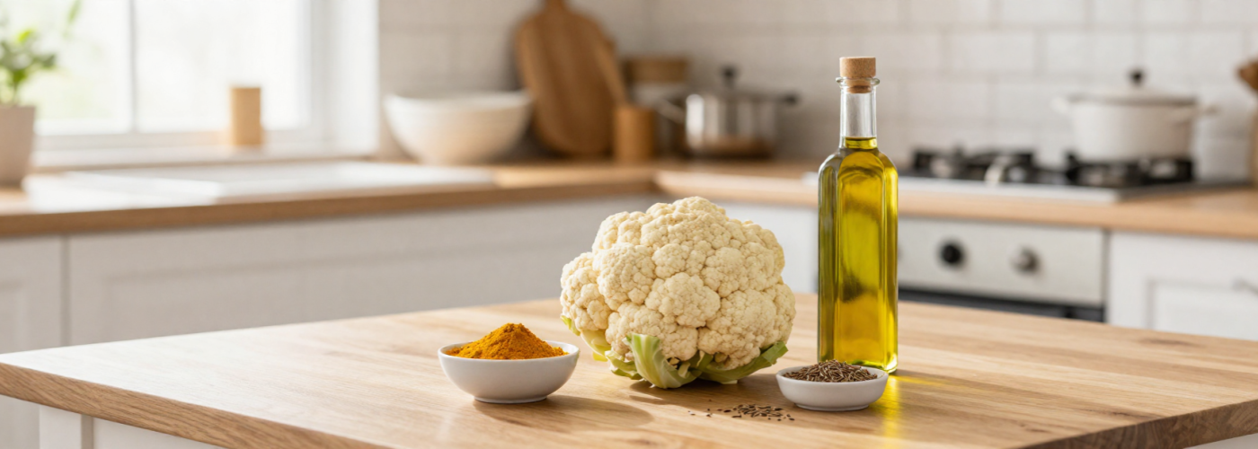 Golden turmeric roast cauliflower traybake dish. Healthy, easy
